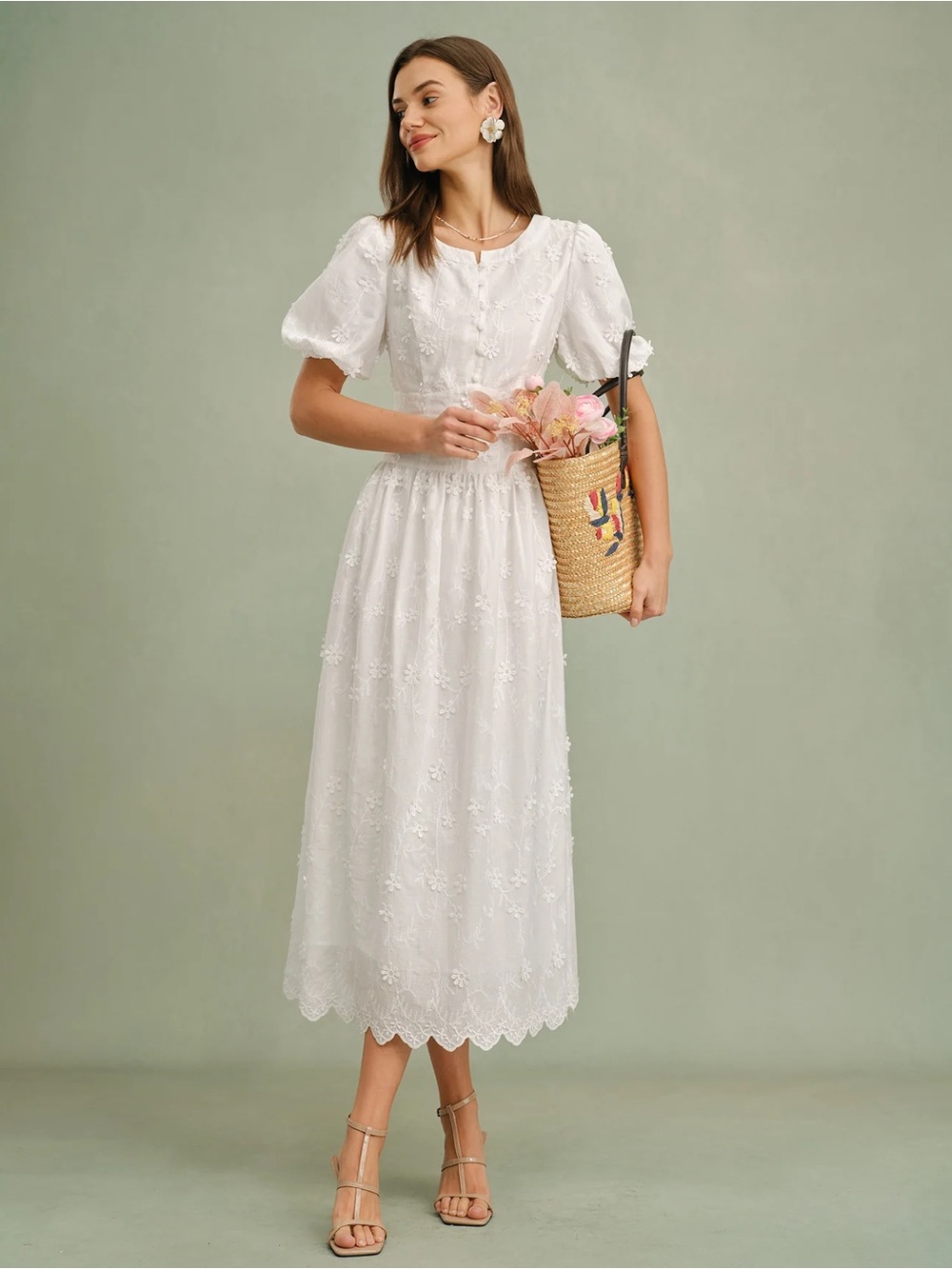 Rihoas White Round Neck Floral Midi Dress - Picture 5 of 9
